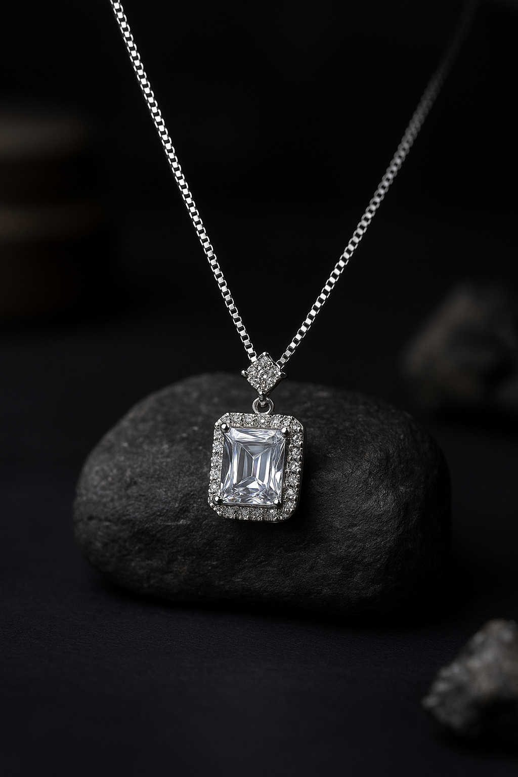 Emerald Cut Halo Necklace Sterling Silver
