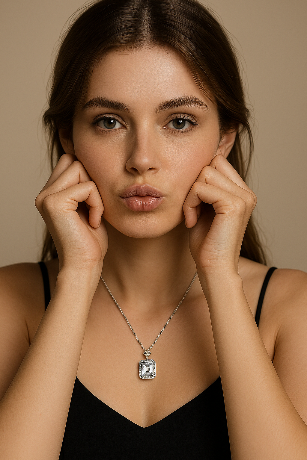 Emerald Cut Halo Necklace Sterling Silver