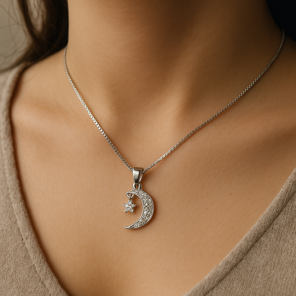 Stellar Moon & Star Necklace Silver Finish