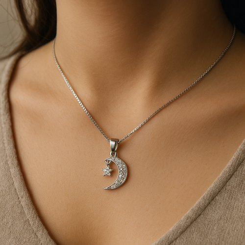 Stellar Moon & Star Necklace Silver Finish