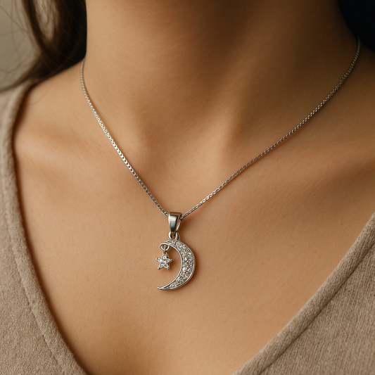 Stellar Moon & Star Necklace Silver Finish