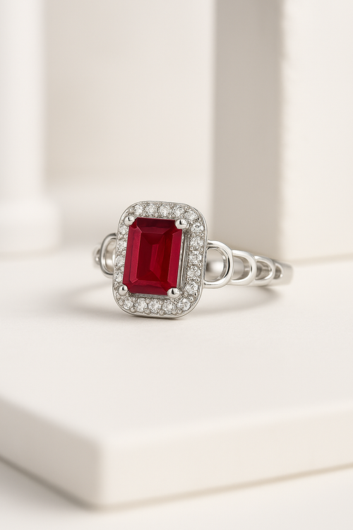 The Ruby Halo Ring - Sterling Silver