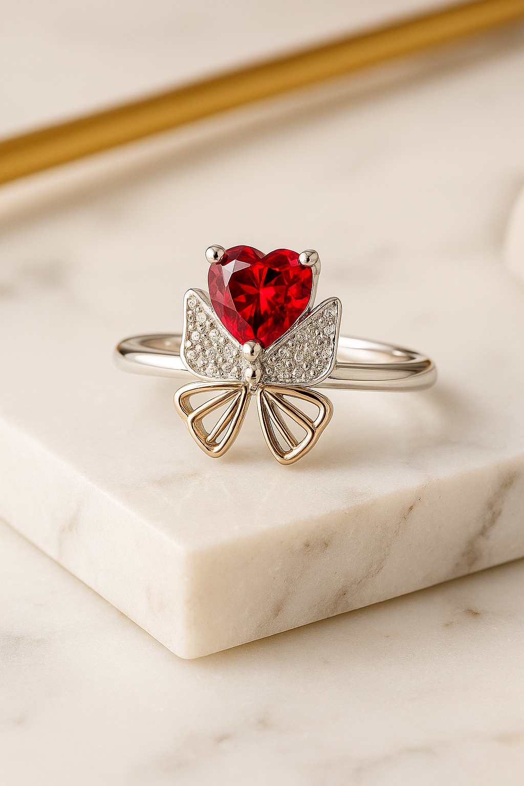 Eternal Rosé Heart Bow Ring - Sterling Silver