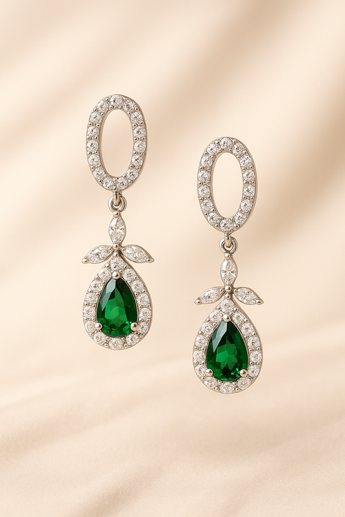 Emerald Halo Drop Earrings Sterling Silver