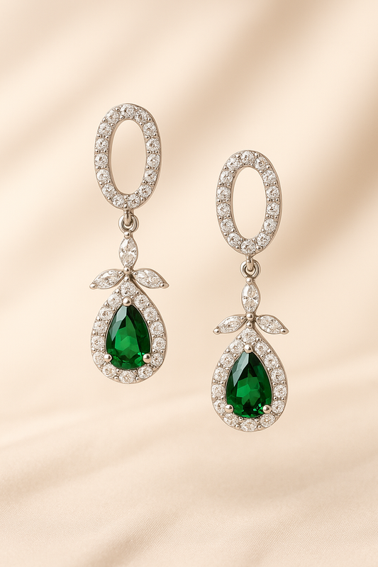 Emerald Halo Drop Earrings Sterling Silver