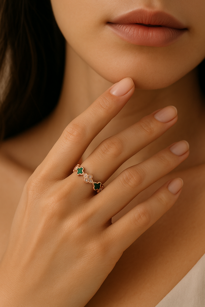 Emerald Charm Clover Band Ring - Sterling Silver