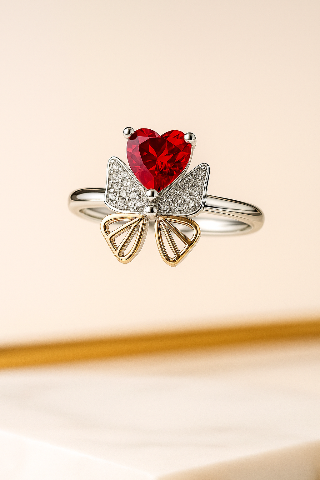 Eternal Rosé Heart Bow Ring - Sterling Silver