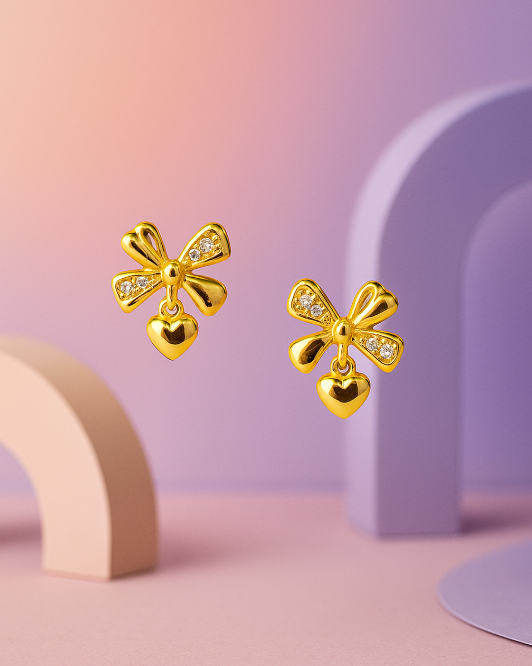 Golden Bow Heart Stud Earrings