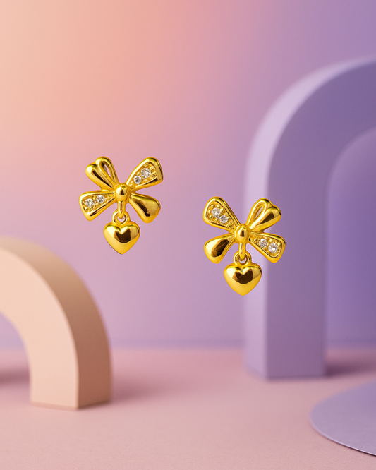 Golden Bow Heart Stud Earrings