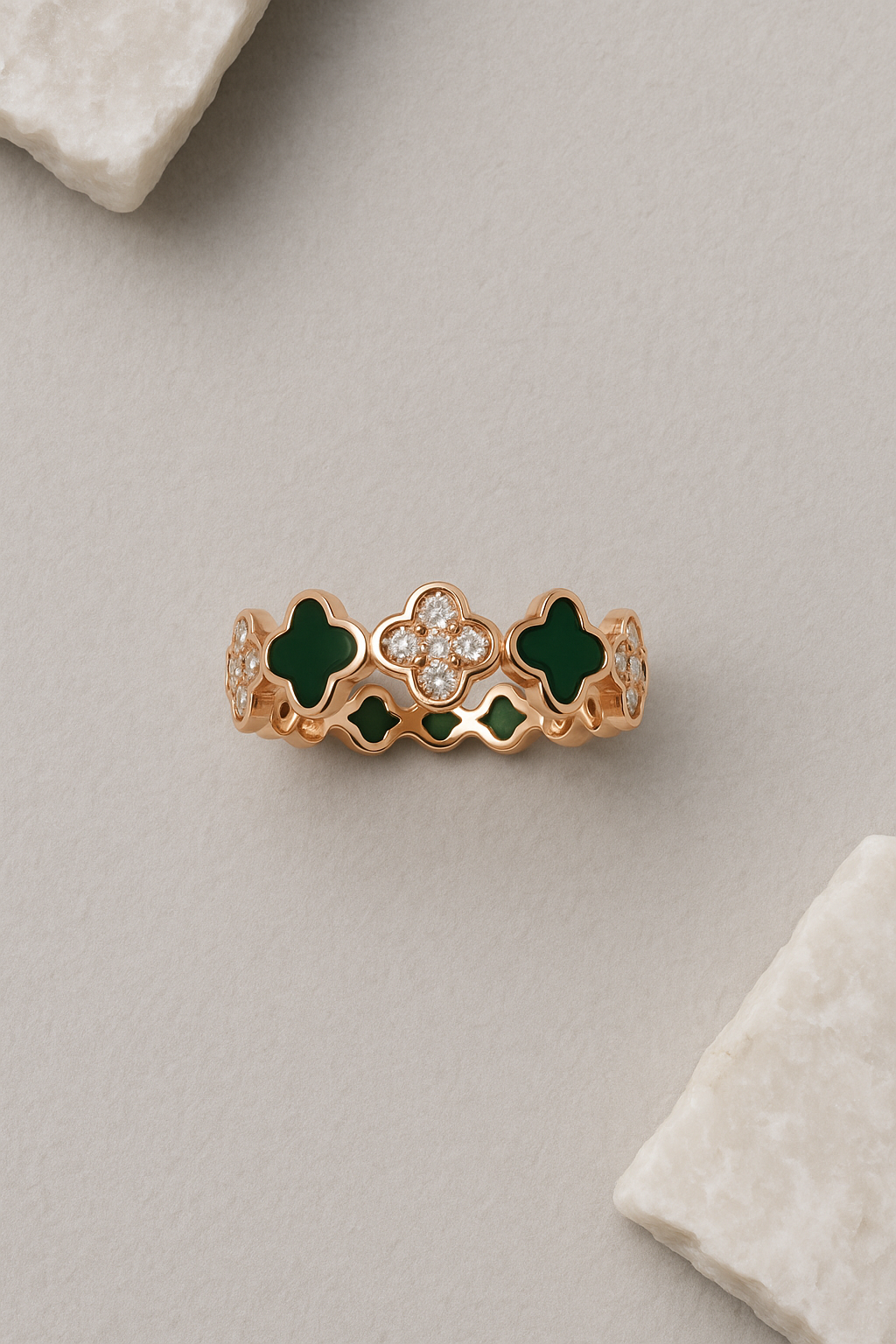 Emerald Charm Clover Band Ring - Sterling Silver