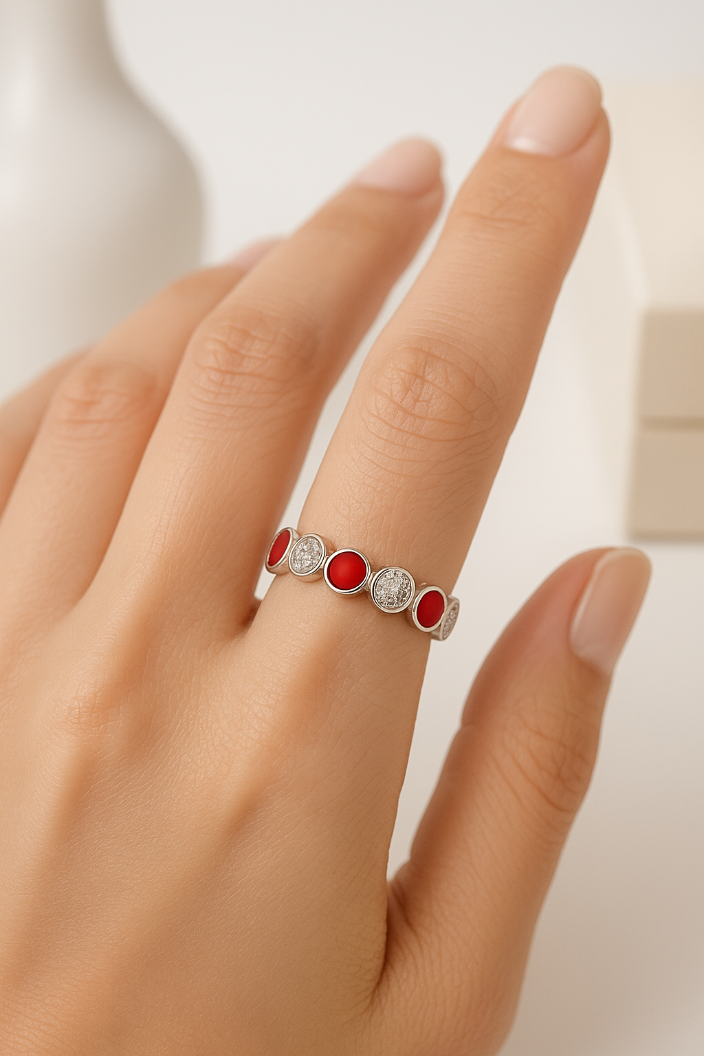 Royal Carmine Halo Band Ring - Sterling Silver