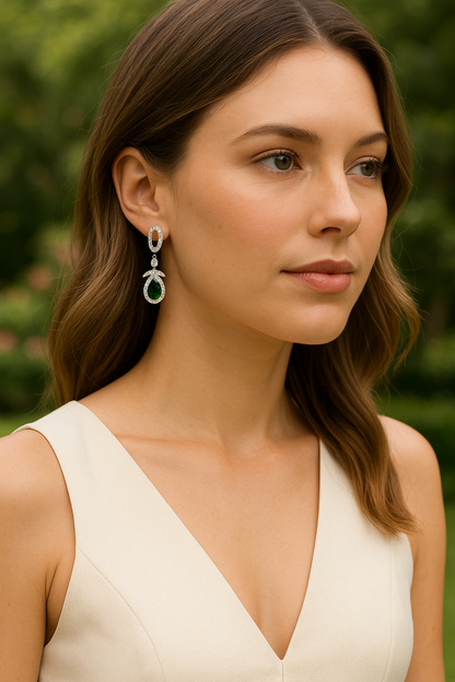 Emerald Halo Drop Earrings Sterling Silver