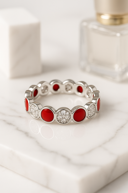 Royal Carmine Halo Band Ring - Sterling Silver