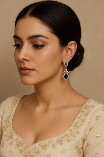 Emerald Halo Drop Earrings Sterling Silver