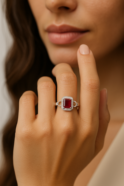 The Ruby Halo Ring - Sterling Silver