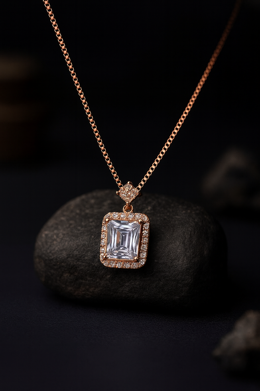 Emerald Cut Halo Necklace Sterling Silver