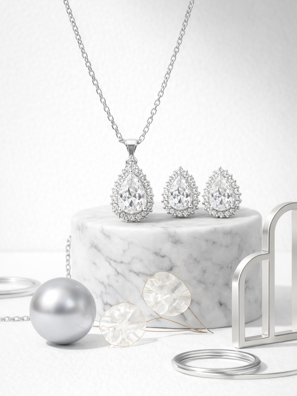 Elara Halo Pear Set | 925 Sterling Silver